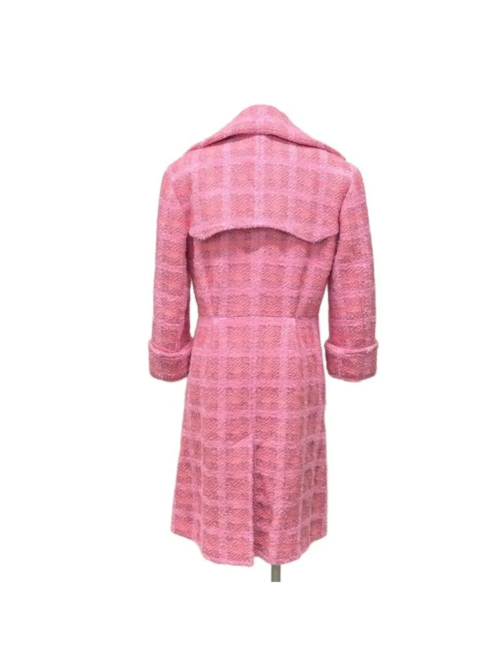 Chanel Coat 34 S Pink Tweed Plaid Rhinestone CC Logo Button Fall Winter Cotton